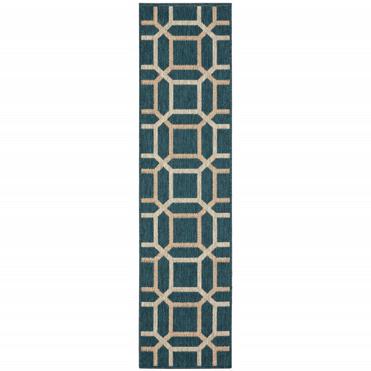 2' X 8' Blue and Gray Geometric Stain Resistant Indoor Outdoor Area Rug