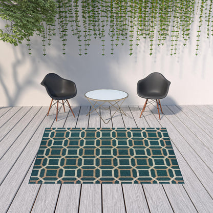 7' X 9' Blue and Gray Geometric Stain Resistant Indoor Outdoor Area Rug