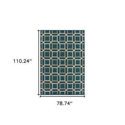 7' X 9' Blue and Gray Geometric Stain Resistant Indoor Outdoor Area Rug