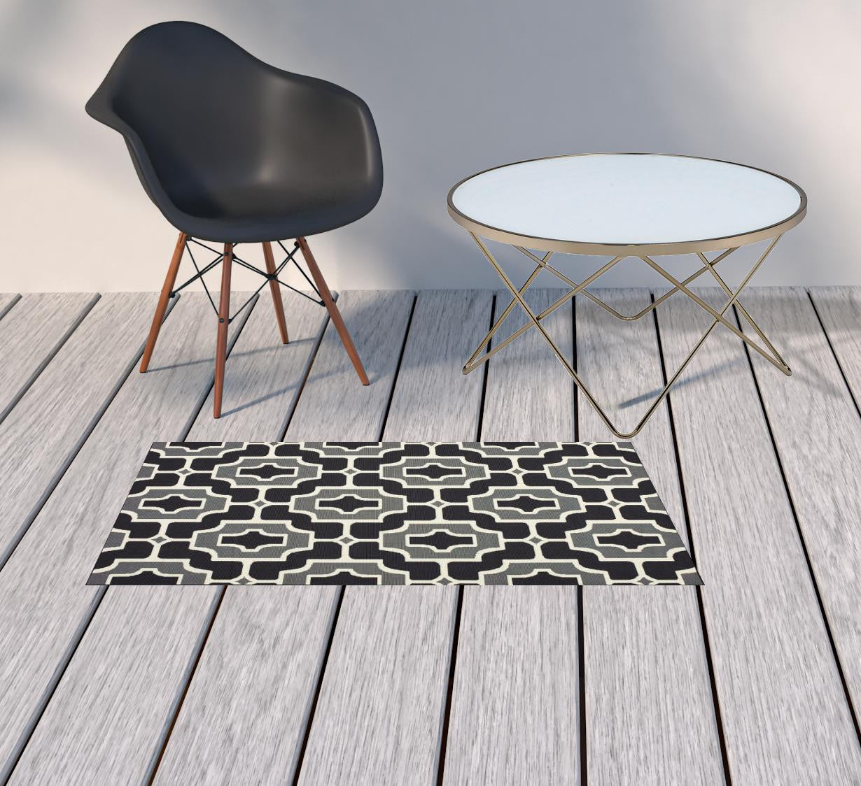 2' X 4' Black and Gray Geometric Stain Resistant Indoor Outdoor Area Rug