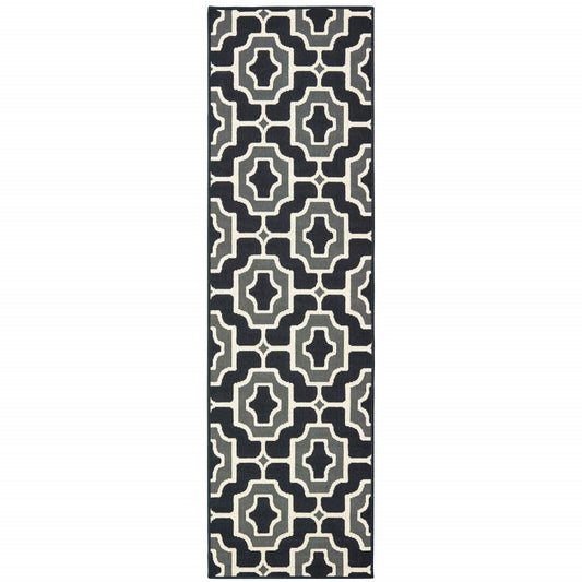 2' X 8' Black and Gray Geometric Stain Resistant Indoor Outdoor Area Rug