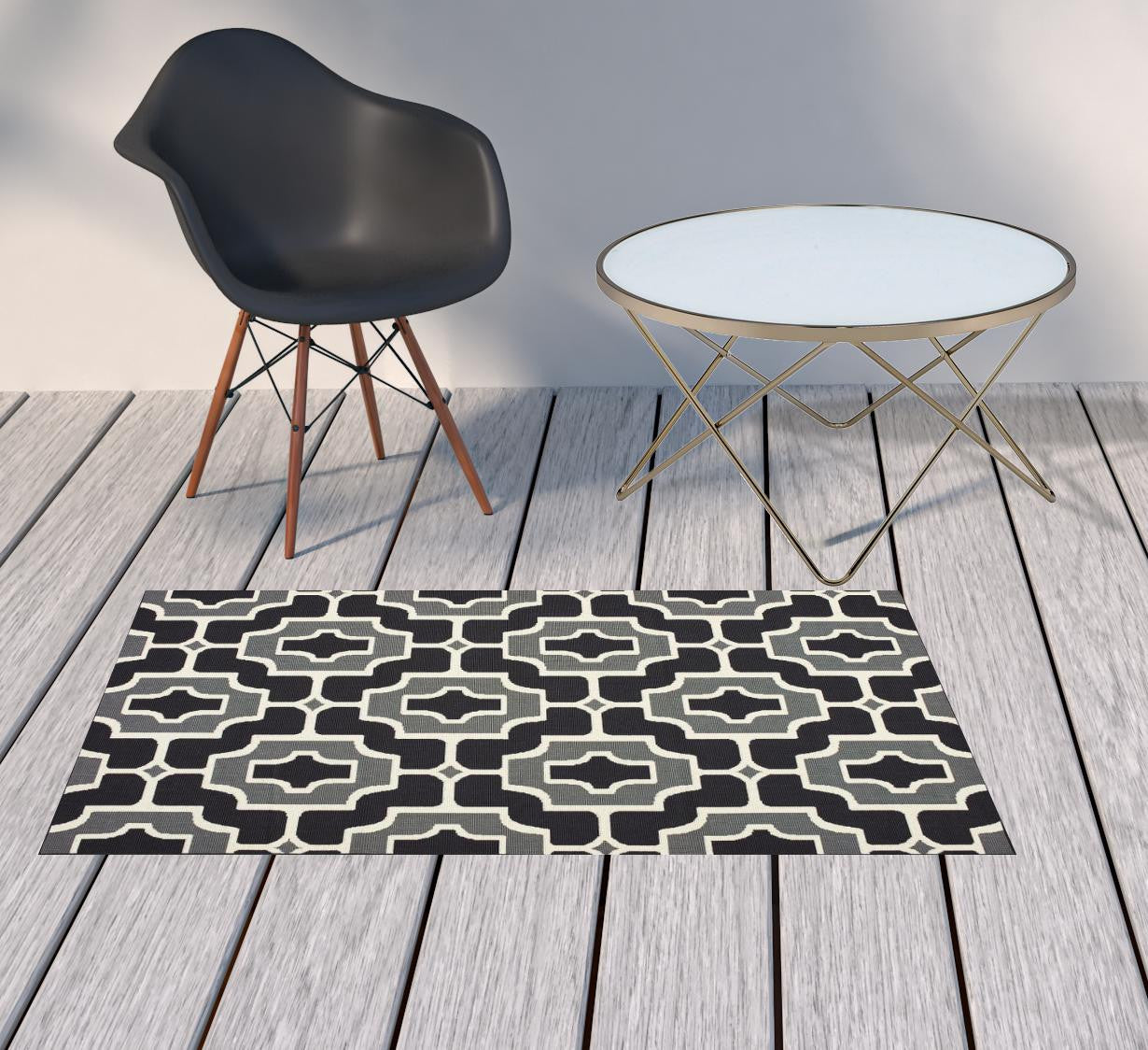 2' X 4' Black and Gray Geometric Stain Resistant Indoor Outdoor Area Rug