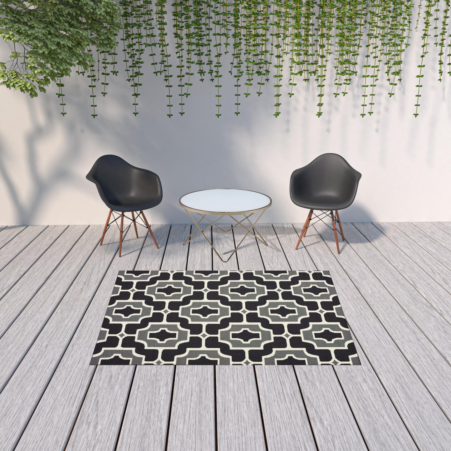 5' X 8' Black and Gray Geometric Stain Resistant Indoor Outdoor Area Rug