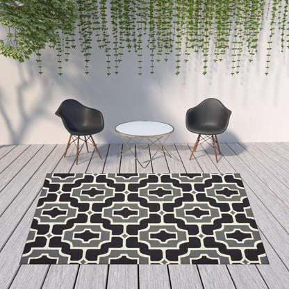 8' X 11' Black and Gray Geometric Stain Resistant Indoor Outdoor Area Rug