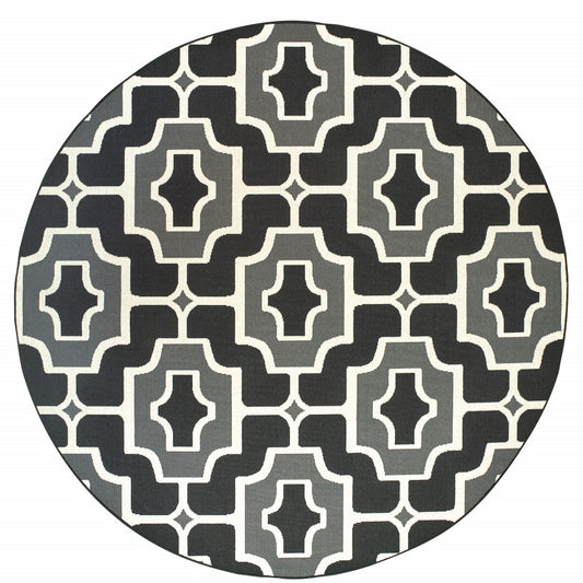 8' X 8' Black and Gray Round Geometric Stain Resistant Indoor Outdoor Area Rug