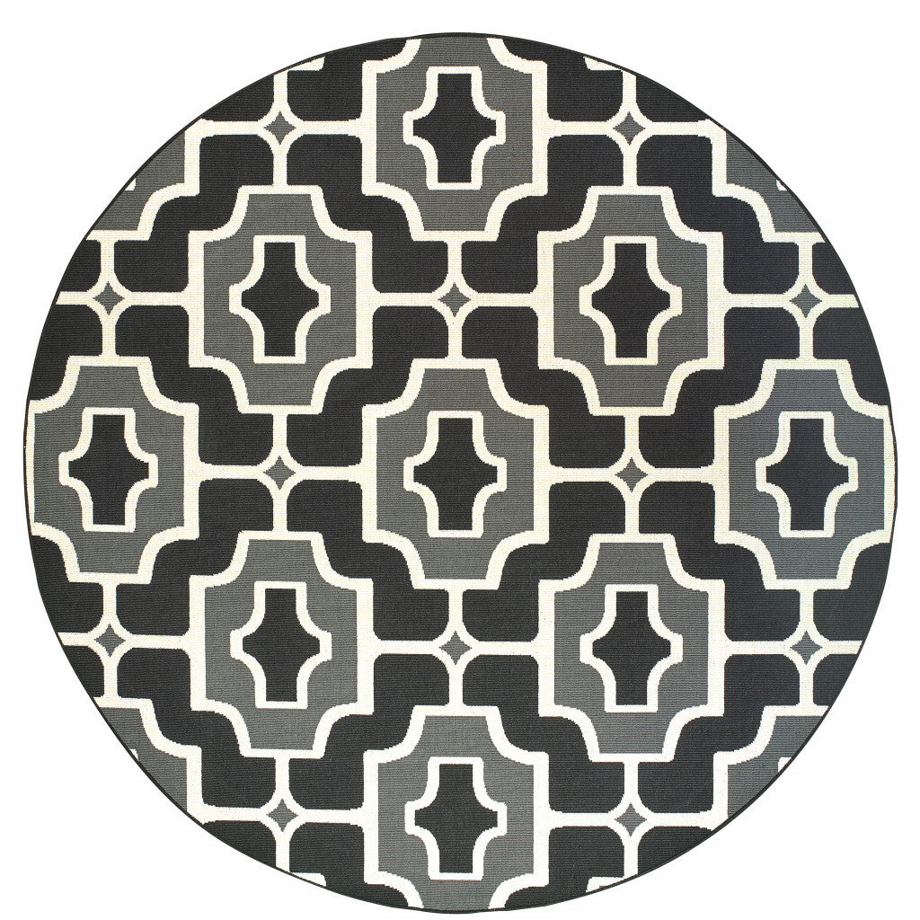 8' X 8' Black and Gray Round Geometric Stain Resistant Indoor Outdoor Area Rug