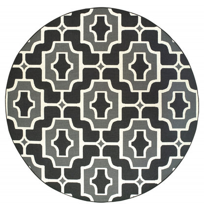 8' X 8' Black and Gray Round Geometric Stain Resistant Indoor Outdoor Area Rug