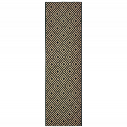 2' X 8' Black and Tan Geometric Stain Resistant Indoor Outdoor Area Rug