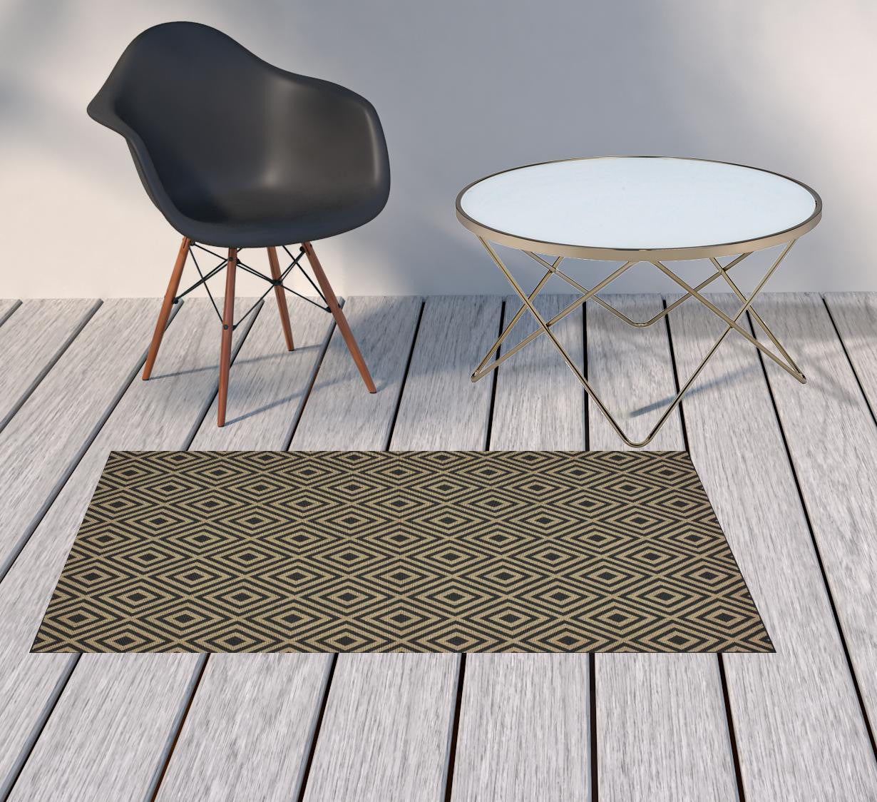 2' X 4' Black and Tan Geometric Stain Resistant Indoor Outdoor Area Rug