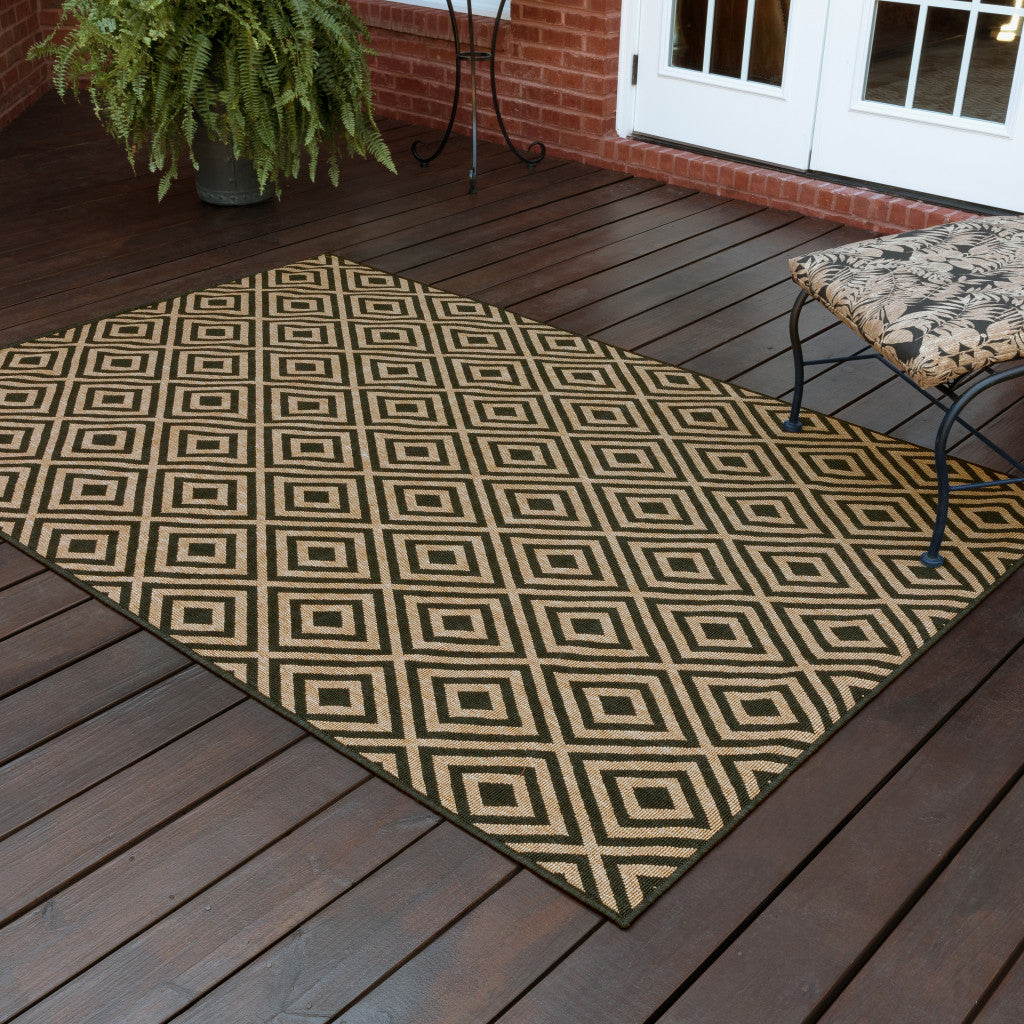 8' X 11' Black and Tan Geometric Stain Resistant Indoor Outdoor Area Rug