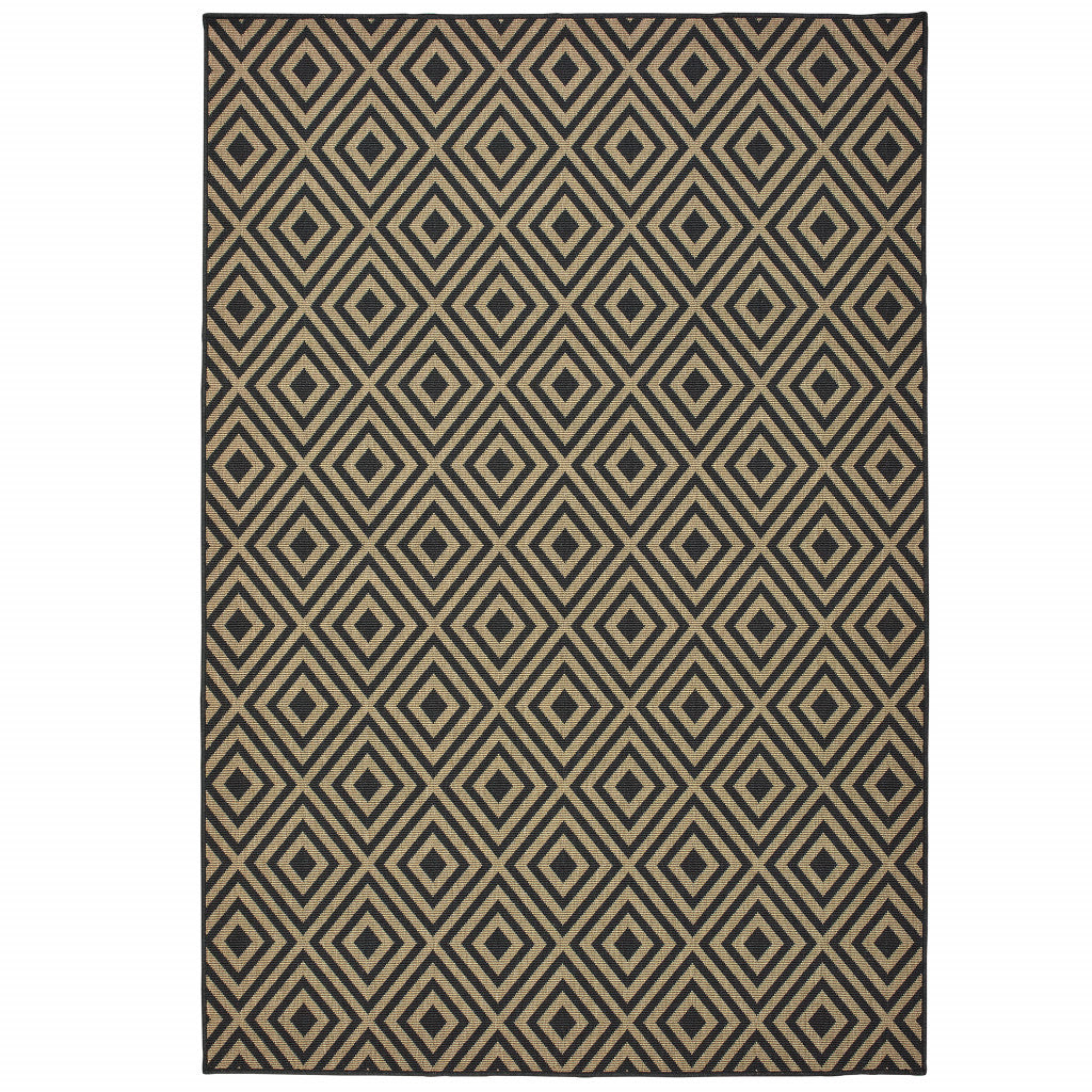 9' X 13' Black and Tan Geometric Stain Resistant Indoor Outdoor Area Rug