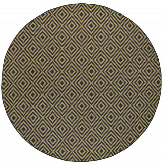 8' X 8' Black and Tan Round Geometric Stain Resistant Indoor Outdoor Area Rug