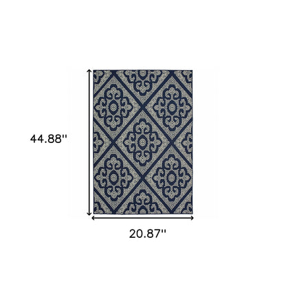 2' X 4' Blue and Ivory Geometric Stain Resistant Indoor Outdoor Area Rug