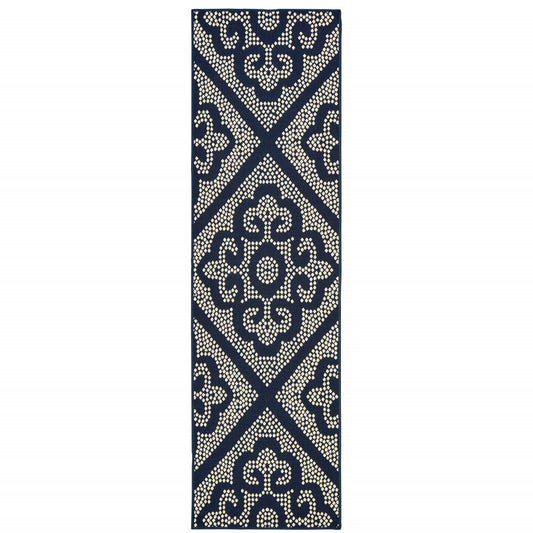 2' X 8' Blue and Ivory Geometric Stain Resistant Indoor Outdoor Area Rug