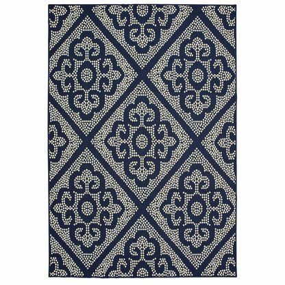 2' X 4' Blue and Ivory Geometric Stain Resistant Indoor Outdoor Area Rug