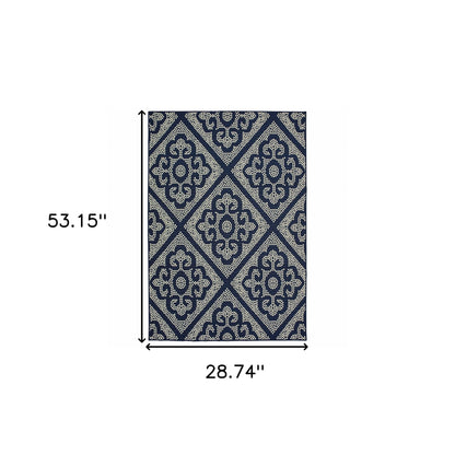 2' X 4' Blue and Ivory Geometric Stain Resistant Indoor Outdoor Area Rug