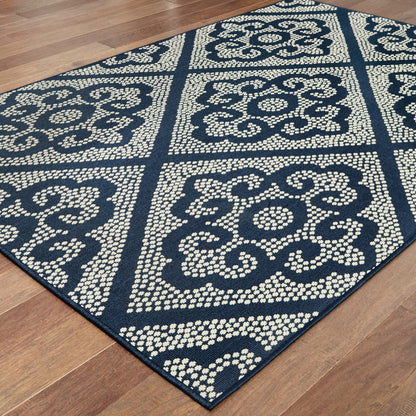 4' X 6' Blue and Ivory Geometric Stain Resistant Indoor Outdoor Area Rug