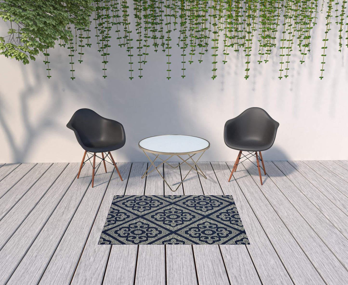 4' X 6' Blue and Ivory Geometric Stain Resistant Indoor Outdoor Area Rug