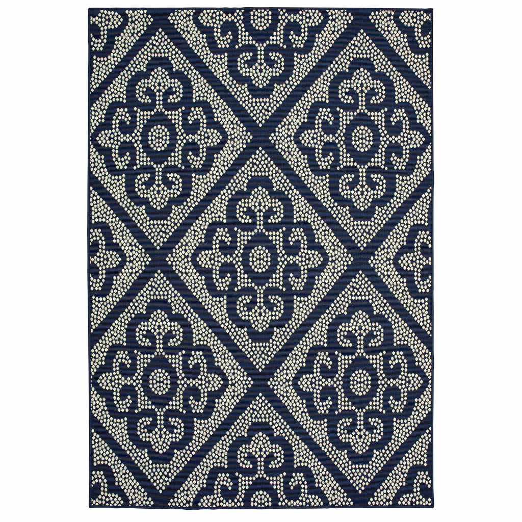 5' X 8' Blue and Ivory Geometric Stain Resistant Indoor Outdoor Area Rug