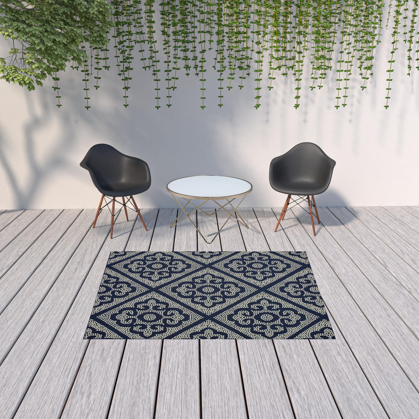 5' X 8' Blue and Ivory Geometric Stain Resistant Indoor Outdoor Area Rug