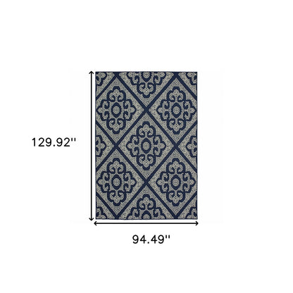 8' X 11' Blue and Ivory Geometric Stain Resistant Indoor Outdoor Area Rug