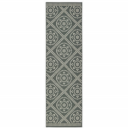 2' X 8' Gray and Ivory Geometric Stain Resistant Indoor Outdoor Area Rug