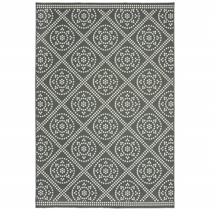 9' X 13' Gray and Ivory Geometric Stain Resistant Indoor Outdoor Area Rug