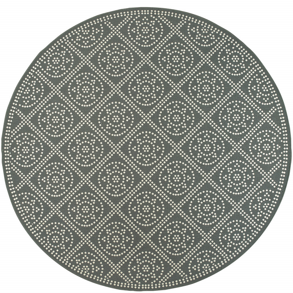 8' X 8' Gray and Ivory Round Geometric Stain Resistant Indoor Outdoor Area Rug