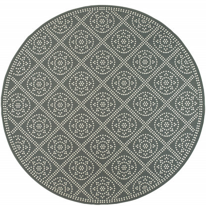 8' X 8' Gray and Ivory Round Geometric Stain Resistant Indoor Outdoor Area Rug