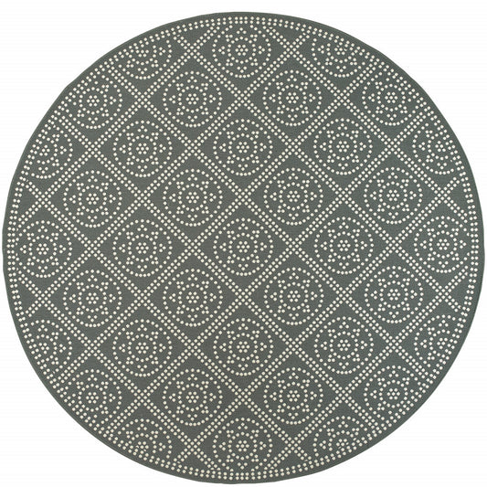 8' X 8' Gray and Ivory Round Geometric Stain Resistant Indoor Outdoor Area Rug