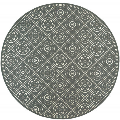 8' X 8' Gray and Ivory Round Geometric Stain Resistant Indoor Outdoor Area Rug