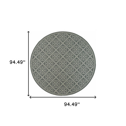 8' X 8' Gray and Ivory Round Geometric Stain Resistant Indoor Outdoor Area Rug