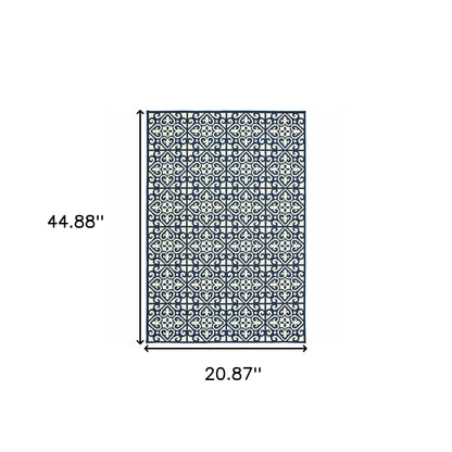 2' X 4' Ivory and Blue Geometric Stain Resistant Indoor Outdoor Area Rug