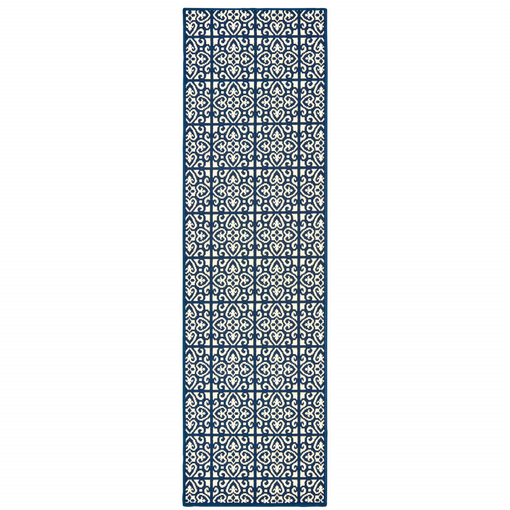 2' X 8' Ivory and Blue Geometric Stain Resistant Indoor Outdoor Area Rug