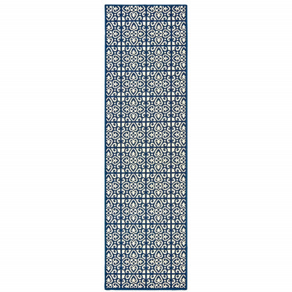 2' X 8' Ivory and Blue Geometric Stain Resistant Indoor Outdoor Area Rug