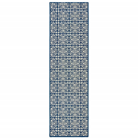 2' X 8' Ivory and Blue Geometric Stain Resistant Indoor Outdoor Area Rug