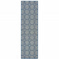 2' X 8' Ivory and Blue Geometric Stain Resistant Indoor Outdoor Area Rug