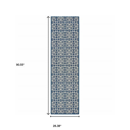 2' X 8' Ivory and Blue Geometric Stain Resistant Indoor Outdoor Area Rug