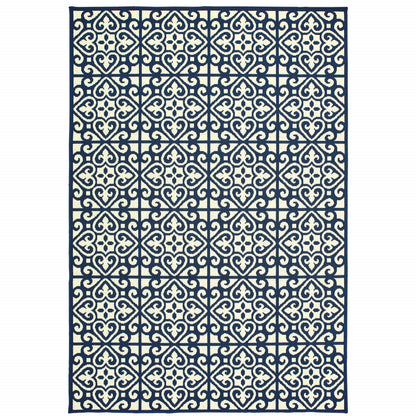 2' X 4' Ivory and Blue Geometric Stain Resistant Indoor Outdoor Area Rug