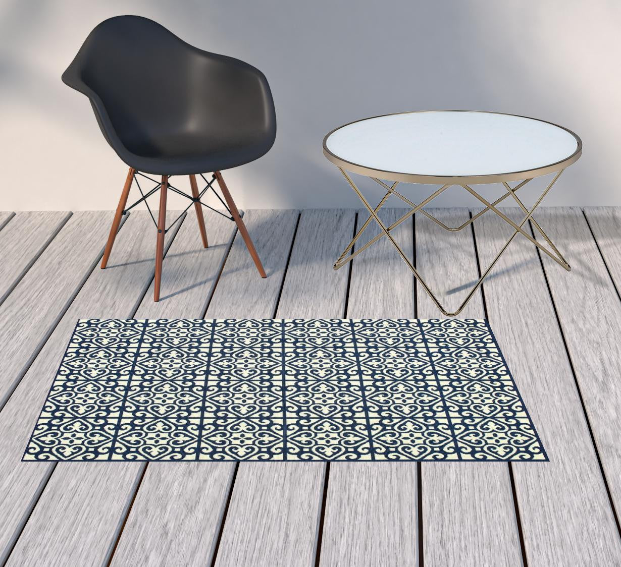 2' X 4' Ivory and Blue Geometric Stain Resistant Indoor Outdoor Area Rug