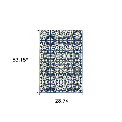 2' X 4' Ivory and Blue Geometric Stain Resistant Indoor Outdoor Area Rug