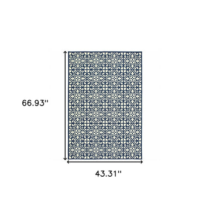 4' X 6' Ivory and Blue Geometric Stain Resistant Indoor Outdoor Area Rug