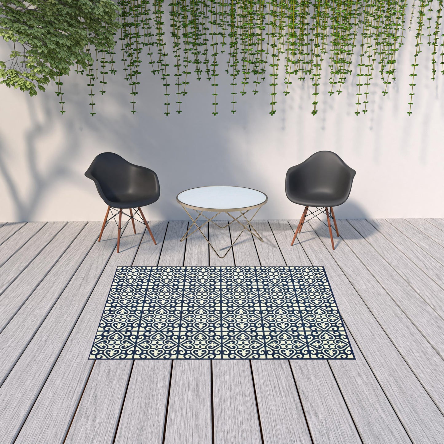 5' X 8' Ivory and Blue Geometric Stain Resistant Indoor Outdoor Area Rug