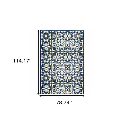 7' X 10' Ivory and Blue Geometric Stain Resistant Indoor Outdoor Area Rug