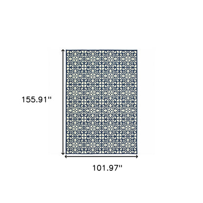 9' X 13' Ivory and Blue Geometric Stain Resistant Indoor Outdoor Area Rug