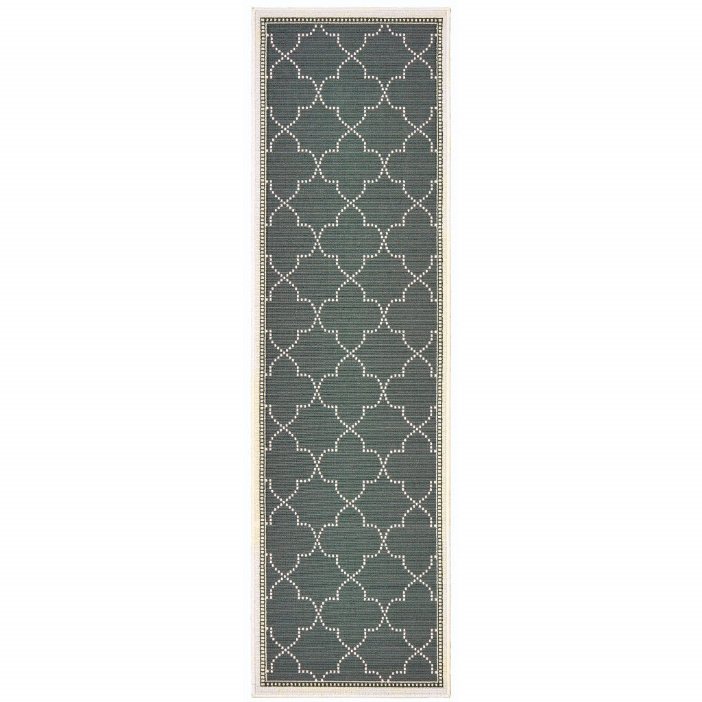 2' X 8' Gray and Ivory Geometric Stain Resistant Indoor Outdoor Area Rug