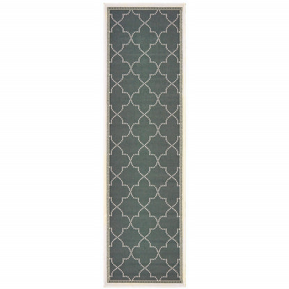 2' X 8' Gray and Ivory Geometric Stain Resistant Indoor Outdoor Area Rug