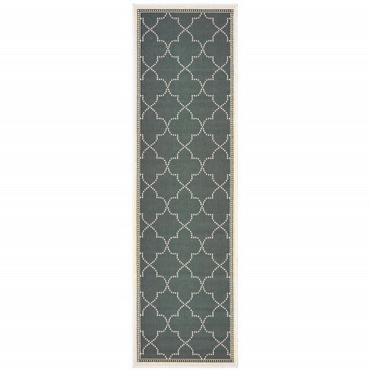 2' X 8' Gray and Ivory Geometric Stain Resistant Indoor Outdoor Area Rug