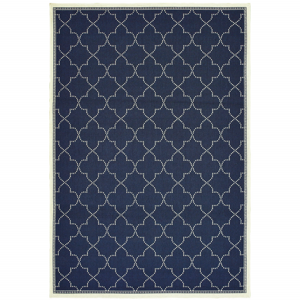 7' X 10' Blue and Ivory Geometric Stain Resistant Indoor Outdoor Area Rug