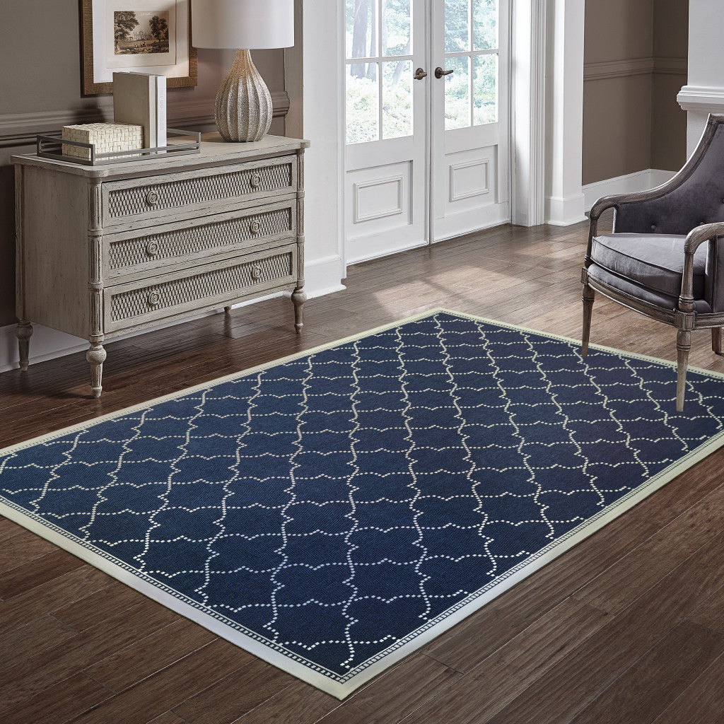 8' X 11' Blue and Ivory Geometric Stain Resistant Indoor Outdoor Area Rug